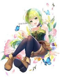Rule 34 | 1girl, bare shoulders, bug, butterfly, choker, flower, full body, green eyes, green hair, insect, koyama sao, pantyhose under shorts, long hair, looking at viewer, multi-tied hair, open mouth, pantyhose, ponytail, saga, saga frontier 2, shorts, smile, solo, very long hair, virginia knights, white background