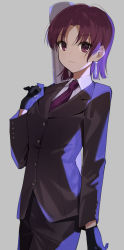 Rule 34 | 1girl, bazett fraga mcremitz, black gloves, black pants, black suit, buttoned cuffs, buttons, closed mouth, commentary request, earrings, fate/hollow ataraxia, fate (series), formal, gloves, grey background, highres, jewelry, long sleeves, looking at viewer, mole, mole under eye, necktie, pants, parted bangs, purple eyes, purple hair, purple necktie, rizu033, shirt, simple background, solo, suit, white shirt