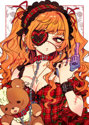 Rule 34 | 1girl, akiyama enma, animal collar, bow, bracelet, breasts, chain, cleavage, collar, copyright request, cross, cross earrings, cross necklace, earrings, eyepatch, frills, gun, hair ribbon, hairband, handgun, highres, holding, holding gun, holding stuffed toy, holding weapon, jewelry, lolita fashion, lolita hairband, long hair, looking to the side, medium breasts, nail polish, necklace, orange hair, plaid, punk, purple eyes, red nails, revolver, ribbon, scar, scar on arm, scar on chest, scar on face, solo, stitches, stuffed animal, stuffed toy, teddy bear, two side up, upper body, wavy hair, weapon