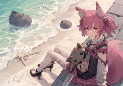 Rule 34 | 1girl, absurdres, animal ear fluff, animal ears, arknights, beach, black footwear, chinese commentary, closed mouth, commentary request, fox ears, fox girl, fox tail, full body, glaring, hair ornament, high heels, highres, holding, holding stuffed toy, knife, long sleeves, looking at viewer, morte (arknights), ocean, outdoors, pantyhose, pink eyes, pink hair, pink skirt, pleated skirt, puffy long sleeves, puffy sleeves, sand, seashell, shamare (arknights), shell, shirt, short twintails, sitting, skirt, solo, stuffed toy, stuffed wolf, tail, torn clothes, twintails, wall, water, welt (kinsei koutenkyoku), white pantyhose, white shirt