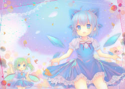 Rule 34 | 2girls, :d, bad id, bad pixiv id, blue dress, blue eyes, blue hair, blue skirt, bow, cirno, coa (chroo x), daiyousei, dress, fairy wings, green hair, hair bow, hair ribbon, ice, ice wings, multiple girls, open mouth, puffy sleeves, ribbon, shirt, short sleeves, side ponytail, skirt, smile, touhou, wings