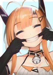 Rule 34 | 1girl, antenna hair, azur lane, bare shoulders, bell, black gloves, blue background, blunt bangs, blush, breasts, cleavage, closed eyes, collar, collarbone, commentary request, elbow gloves, fingersmile, foxhound (azur lane), foxhound (retrofit) (azur lane), gloves, grin, hair ornament, hairclip, head tilt, highres, jingle bell, large breasts, neck bell, orange hair, retrofit (azur lane), short hair with long locks, sidelocks, simple background, smile, solo, teeth, upper body, yohia