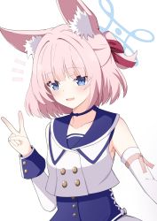 Rule 34 | animal ear fluff, animal ears, blouse, blue archive, blue eyes, fox ears, halo, highres, idol clothes, mischievous straight uniform (blue archive), niko (blue archive), pink hair, ribbon, shirt, short hair, simple background, smile, white background, white shirt, zundamochi (pixiv13535730)