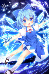 Rule 34 | 1girl, :d, ahoge, black footwear, blue bow, blue dress, blue eyes, blue hair, blush, bow, cirno, collared shirt, commentary request, dress, enjoy mix, feet out of frame, hair bow, holding, ice, ice wings, lake, looking at viewer, mary janes, neck ribbon, night, night sky, open mouth, outdoors, outline, outstretched arms, pinafore dress, puffy short sleeves, puffy sleeves, red ribbon, ribbon, shirt, shoes, short hair, short sleeves, sky, sleeveless dress, smile, snowflakes, socks, solo, sparkle, spread arms, touhou, water, white shirt, white socks, wing collar, wings