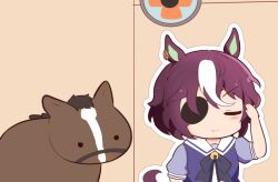 Rule 34 | 1girl, animal ears, blush stickers, bow, bowtie, closed eyes, commentary, creature and personification, ear ornament, electric fan, eyepatch, gomashio (goma feet), horse, horse ears, horse girl, multicolored hair, one eye covered, outline, puffy short sleeves, puffy sleeves, purple bow, purple bowtie, purple hair, real life, sailor collar, sailor shirt, school uniform, shirt, short hair, short sleeves, streaked hair, summer uniform, tail, tanino gimlet (umamusume), tracen school uniform, two-tone hair, umamusume, upper body, white hair, white sailor collar
