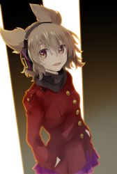 Rule 34 | 1girl, alternate costume, brown eyes, earmuffs, epaulettes, hands in pockets, jacket, light brown hair, looking at viewer, makuwauri, open mouth, pointy hair, purple skirt, red jacket, skirt, solo, touhou, toyosatomimi no miko, trait connection