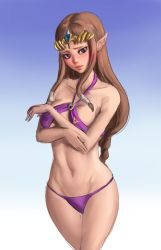 Rule 34 | 1girl, athenawyrm, bikini, blue eyes, blue gemstone, blush, braid, breasts, brooch, brown hair, circlet, closed mouth, collarbone, covering breasts, covering privates, cowboy shot, gem, gradient background, groin, hair tubes, halterneck, hip focus, holding own arm, jewelry, legs together, lips, long hair, looking at viewer, low-braided long hair, low-tied long hair, medium breasts, navel, nintendo, pointy ears, ponytail, princess zelda, purple bikini, sideboob, sidelocks, sketch, solo, standing, swimsuit, the legend of zelda, the legend of zelda: twilight princess, triforce