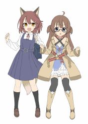 Rule 34 | 2girls, :d, ahoge, amane rosylily, amane rosylily (cosplay), amemiya sekira, amemiya sekira (cosplay), animal ear fluff, animal ears, bag, black-framed eyewear, black socks, blue dress, blush, boots, brown coat, brown eyes, brown footwear, brown hair, coat, collared shirt, commentary request, cosplay, costume switch, dress, fox ears, fox girl, fox tail, full body, glasses, hair between eyes, hands up, highres, knee boots, kneehighs, loafers, long hair, long sleeves, looking at viewer, multiple girls, neck ribbon, open clothes, open coat, open mouth, original, parted lips, pinafore dress, purple eyes, red ribbon, ribbon, school bag, sekira ame, semi-rimless eyewear, shirt, shoes, simple background, sleeveless dress, smile, socks, standing, sweat, tail, thighhighs, thighhighs under boots, two side up, under-rim eyewear, very long hair, white background, white dress, white shirt