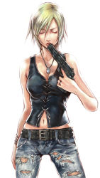 Rule 34 | 1girl, aya brea, bare shoulders, belt, blonde hair, bracelet, breasts, cleavage, closed eyes, denim, gun, handgun, highres, jeans, jewelry, licking, navel, necklace, nomura tetsuya, official art, pants, parasite eve, parasite eve the 3rd birthday, pistol, ring, short hair, solo, square enix, torn clothes, torn jeans, torn pants, weapon, white background