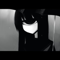 Rule 34 | 1girl, black hair, cyclops, expressionless, greyscale, hair over one eye, konohana saku, letterboxed, looking at viewer, monochrome, one-eyed, original, portrait, solo, umbrella, upper body, water drop