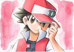 Rule 34 | 1boy, badge, baseball cap, black shirt, brown eyes, brown hair, closed mouth, commentary request, creatures (company), game freak, hand on headwear, hand up, hat, highres, male focus, nintendo, oka mochi, pink background, pokemon, pokemon rgby, popped collar, red (pokemon), red hat, shirt, short hair, solo, spiked hair, traditional media, upper body, white shirt
