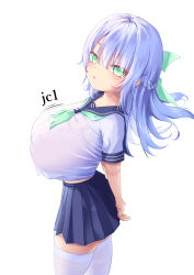Rule 34 | arms behind back, blue hair, bra visible through clothes, breasts, cleavage, cowboy shot, from above, from side, green eyes, green neckerchief, hair between eyes, highres, huge breasts, long hair, looking at viewer, lv 249, midriff peek, miniskirt, neckerchief, oppai loli, original, pleated skirt, sailor collar, school uniform, see-through, see-through cleavage, see-through silhouette, serafuku, shirt, shirt overhang, short sleeves, simple background, skirt, thighhighs, white background, white shirt, white thighhighs, zettai ryouiki