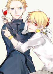 Rule 34 | 2boys, alcohol, blonde hair, blue eyes, bracelet, cup, drinking glass, earrings, fate/zero, fate (series), gilgamesh (fate), haine (howling), jewelry, kayneth archibald el-melloi, male focus, multiple boys, official alternate costume, red eyes, wine, wine glass