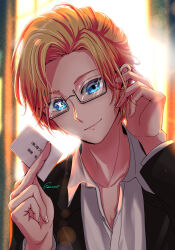 Rule 34 | 1boy, absurdres, adjusting eyewear, backlighting, bespectacled, black jacket, blonde hair, blue eyes, bright pupils, business card, card, closed mouth, collarbone, collared shirt, commentary request, dress shirt, esora-arts, fingernails, glasses, grey-framed eyewear, hair behind ear, highres, holding, holding card, hoshino aquamarine, jacket, lapels, lens flare, long sleeves, male focus, mismatched pupils, open clothes, open collar, open jacket, oshi no ko, parted hair, partially unbuttoned, rectangular eyewear, semi-rimless eyewear, shirt, short hair, signature, smile, solo, star-shaped pupils, star (symbol), suit jacket, symbol-shaped pupils, under-rim eyewear, upper body, white shirt