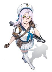 Rule 34 | 1girl, ammunition, belt, blue bow, blue sailor collar, blush, boots, bow, brown gloves, bullpup, collar, collarbone, commentary, corrupted twitter file, double-barreled shotgun, dress, from above, glasses, gloves, goddess of victory: nikke, green eyes, gun, hair bow, hair ornament, hairclip, highres, kel-tec ksg, long hair, looking at viewer, multiple-barrel firearm, neon (nikke), open mouth, pleated skirt, pouch, pump-action shotgun, pump action, sailor collar, seilindekos, short sleeves, shotgun, shotgun shell, side-by-side-barreled shotgun, simple background, skirt, smile, solo, standard manufacturing dp-12, standing, thigh boots, weapon, white background, white dress, white footwear, white hair, white headwear