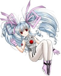 Rule 34 | 1girl, blue hair, bodysuit, boots, drill hair, gloves, hair ribbon, long hair, md5 mismatch, red eyes, ribbon, sanri youko, simple background, solo, twintails, very long hair, white background