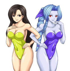Rule 34 | 2girls, aerith gainsborough, arm grab, holding another&#039;s arm, bare shoulders, black eyes, black hair, blue hair, blue ribbon, blue skin, braid, breasts, brown eyes, cleavage, colored skin, cosplay, earrings, final fantasy, final fantasy vii, hair ribbon, hand on own hip, hip focus, jewelry, kuroitsuki, leotard, long hair, multiple girls, one-piece swimsuit, pollensalta, pollensalta (cosplay), red eyes, ribbon, single braid, smile, snow (ff7), snow (ff7) (cosplay), swimsuit, tifa lockhart, transformation