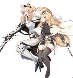 Rule 34 | 2girls, :d, animal ears, arknights, armor, aunt and niece, black footwear, black headwear, black shirt, black thighhighs, blemishine (arknights), blonde hair, breastplate, cape, commentary request, fur trim, greaves, hat, highres, holding, holding sword, holding weapon, horse ears, long hair, looking at another, mini hat, multiple girls, open mouth, pauldrons, shirt, shoes, shoulder armor, signal 1120, simple background, smile, sword, thighhighs, thighs, vambraces, weapon, whislash (arknights), white background, white cape, yellow eyes