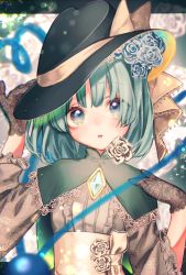 Rule 34 | 1girl, alternate costume, black hat, blush, brooch, capelet, commentary request, fedora, flower, gloves, green capelet, green eyes, green hair, grey shirt, hand on headwear, hand up, hat, hat ribbon, heart, heart of string, highres, jewelry, koishi day, komeiji koishi, lace trim, letterboxed, long sleeves, looking at viewer, mokokiyo (asaddr), outside border, parted lips, ribbon, rose, sash, shirt, short hair, solo, third eye, touhou, upper body, white flower, white rose, white sash, wide sleeves, yellow ribbon