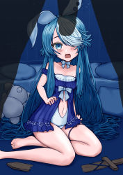 Rule 34 | 1boy, 1girl, alternate costume, azur lane, bare legs, bed, blue eyes, bow, broken, broken sword, broken weapon, collarbone, commentary request, hair bow, hair over one eye, highres, long hair, maille-breze (azur lane), maille-breze (the noble knight&#039;s last stand) (azur lane), navel, official alternate costume, sleepwear, stuffed animal, stuffed toy, sword, two-tone background, weapon, wooden sword, yosame yugyo