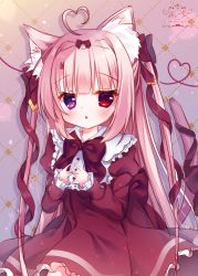 Rule 34 | 1girl, ahoge, animal ear fluff, animal ears, black bow, blush, bow, cat ears, cat girl, cat tail, chestnut mouth, commentary request, dress, frilled sleeves, frills, fuxiyu, hair bow, heart, heart ahoge, heterochromia, highres, juliet sleeves, long hair, long sleeves, looking at viewer, original, parted lips, pink hair, puffy sleeves, purple eyes, red bow, red dress, red eyes, sleeves past wrists, solo, tail, tail bow, tail ornament, tail raised, two side up, very long hair