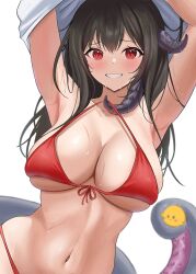 Rule 34 | 1girl, armpits, arms up, azur lane, bikini, black hair, blush, breasts, highres, large breasts, looking at viewer, manjuu (azur lane), medium hair, navel, official alternate costume, open mouth, red bikini, red eyes, royal fortune (azur lane), royal fortune (eyes on the prize) (azur lane), shirt, simple background, smile, soul (dp11), stomach, swimsuit, tentacle hair, tentacles, wet, white background, white shirt