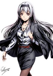Rule 34 | 1girl, alternate costume, belt, black headband, black jacket, black skirt, breasts, cleavage, collarbone, earrings, headband, jacket, jacket on shoulders, jewelry, kantai collection, large breasts, long hair, long sleeves, looking at viewer, nail polish, necklace, office lady, open clothes, open jacket, pantyhose, pencil skirt, pink nails, purple eyes, red belt, ring, sakiyamama, shirt, shoukaku (kancolle), sidelocks, silver hair, simple background, skirt, sleeve cuffs, smile, solo, very long hair, watch, wedding band, white background, white shirt, wristwatch