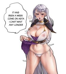 Rule 34 | 1girl, black7, black clover, blush, breasts, cameltoe, curvy, dripping, english text, g-string, grey hair, highres, large breasts, nipples, no bra, noelle silva, panties, purple eyes, pussy, pussy juice, see-through, speech bubble, sweat, thong, twintails, underwear, undressing, white background, white panties, wide hips