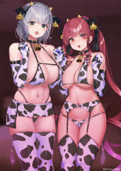 Rule 34 | 2girls, :d, :o, absurdres, animal ears, animal print, arm strap, bell, bikini, bikini skirt, blunt bangs, breasts, collar, cow ears, cow horns, cow print, cow print bikini, cow tail, cowbell, ear tag, elbow gloves, fake animal ears, fake horns, fake tail, garter belt, garter straps, gloves, green eyes, grey hair, hands up, heart, heart-shaped pupils, heterochromia, highres, hololive, horns, houshou marine, large breasts, lingerie, long hair, looking at viewer, medium breasts, multiple girls, navel, neck bell, open mouth, oshiruko (oshiruco 212048), print bikini, red eyes, red hair, shirogane noel, short hair, side-by-side, skindentation, smile, standing, swimsuit, symbol-shaped pupils, tail, thighhighs, twintails, underwear, very long hair, virtual youtuber, yellow eyes