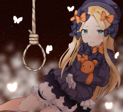 Rule 34 | 1girl, abigail williams (fate), black bow, black dress, black hat, blonde hair, bloomers, bow, bug, butterfly, closed mouth, commentary request, dress, fate/grand order, fate (series), green eyes, hair bow, hands in opposite sleeves, hat, highres, hugging object, insect, long hair, long sleeves, looking at viewer, noose, orange bow, parted bangs, polka dot, polka dot bow, rope, sitting, solo, stuffed animal, stuffed toy, tears, teddy bear, underwear, very long hair, white bloomers, yufou