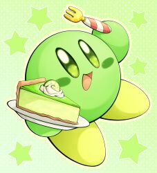 Rule 34 | alternate color, blush stickers, cake, cake slice, colored skin, food, fork, fruit, green background, green skin, highres, holding, holding fork, holding plate, kirby, kirby (series), lime (fruit), lime slice, looking at viewer, nintendo, no humans, open mouth, plate, slys (jesterdysphoria), smile, solid oval eyes, solo, star (symbol)