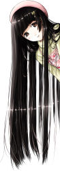 Rule 34 | 1girl, absurdres, beret, black hair, blunt bangs, brown eyes, face, hair flowing over, hair ornament, hairclip, haruna (kazuharu), hat, highres, kazuharu kina, long hair, long image, original, peeking, peeking out, smile, solo, tall image, very long hair