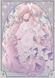 Rule 34 | 1girl, absurdly long hair, art nouveau, border, breasts, choker, circle, cleavage cutout, clothing cutout, collarbone, cowboy shot, cropped legs, dress, eyelashes, floral background, flower, gloves, grey border, hair ribbon, half-closed eyes, hands on own chest, hands up, head tilt, highres, kaname madoka, layered dress, layered sleeves, leaf, leaf background, light smile, long hair, looking at viewer, magenta background, mahou shoujo madoka magica, mahou shoujo madoka magica (anime), muted color, own hands clasped, own hands together, parted lips, pink hair, pink thighhighs, ribbon, riri (ririwaldorf), small breasts, solo, sparkle, sparkle background, striped, striped background, thigh gap, thighhighs, tsurime, two side up, ultimate madoka, vertical stripes, very long hair, wavy hair, white choker, white dress, white flower, white gloves, white ribbon, wide sleeves, yellow eyes, zettai ryouiki