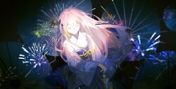 Rule 34 | 1girl, absurdres, black background, closed eyes, closed mouth, commentary, cowboy shot, fireworks, floating hair, hair between eyes, hair ornament, highres, holding, holding umbrella, irple, japanese clothes, kimono, long hair, long sleeves, megurine luka, obi, pink hair, pink kimono, sash, solo, symbol-only commentary, umbrella, vocaloid, wide sleeves, yukata