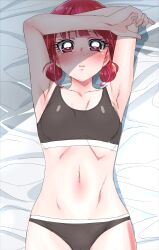 Rule 34 | 1girl, absurdres, ao no hako (wsj), armpits, arms up, blush, bra, breasts, chono hina, cleavage, commission, hair bun, highres, looking at viewer, medium hair, navel, oimanji, open mouth, panties, pixiv commission, red eyes, red hair, simple background, small breasts, solo, stomach, underwear
