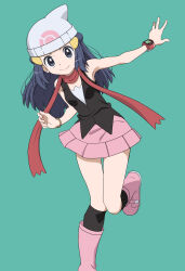Rule 34 | 1girl, beanie, black hair, black shirt, black socks, blue hair, boots, bracelet, closed mouth, commentary request, creatures (company), dawn (pokemon), game freak, gensei00, green background, grey eyes, hair ornament, hairclip, hat, highres, jewelry, kneehighs, leg up, long hair, looking at viewer, nintendo, outstretched arm, pink footwear, pink skirt, poke ball print, pokemon, pokemon dppt, poketch, red scarf, scarf, shirt, simple background, skirt, sleeveless, sleeveless shirt, smile, socks, solo, watch, white hat, wristwatch