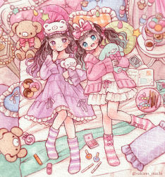 Rule 34 | 2girls, beads, bed, blue eyes, book, bow, bow legwear, brown hair, candy, cardigan, cellphone, checkered pillow, cup, dress, drink, food, frilled pillow, frills, from above, hair bow, head on pillow, heart, heart-shaped pillow, holding, holding stuffed toy, hugging object, indoors, lollipop, long hair, long sleeves, macaron, makeup, multiple girls, nail polish bottle, on bed, open book, original, painting (medium), pajamas, phone, pillow, pink bow, pink cardigan, pink socks, pink theme, pocky, purple dress, purple eyes, purple socks, sakano machi, sleep mask, smile, socks, star (symbol), striped clothes, striped socks, stuffed animal, stuffed toy, swirl lollipop, table, teddy bear, traditional media, twintails, watercolor (medium), white dress, wide sleeves, yume kawaii