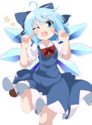 Rule 34 | 1girl, ;d, absurdres, ahoge, blue dress, blue eyes, blue hair, bow, cirno, commentary request, do (4-rt), dress, fang, hair bow, highres, ice, ice wings, looking at viewer, one eye closed, open mouth, pointing, pointing at self, puffy short sleeves, puffy sleeves, short hair, short sleeves, simple background, smile, solo, star (symbol), touhou, white background, wings