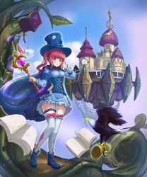 Rule 34 | 1girl, 2drr, absurdres, animal, bird, blue footwear, blue hat, blunt bangs, book, boots, bow, bow legwear, breasts, castle, corset, day, eagle, hat, highres, holding, holding wand, long sleeves, looking away, medium breasts, open book, open mouth, original, outdoors, parted lips, pink bow, pink eyes, pink hair, plant, scroll, skirt, smile, solo, standing, thigh strap, thighhighs, top hat, wand, white thighhighs