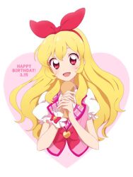 Rule 34 | 1girl, :d, aikatsu!, aikatsu! (series), blonde hair, bow, commentary request, hair bow, hairband, happy birthday, holding, holding spoon, hoshimiya ichigo, kumahubuki, long hair, looking at viewer, open mouth, pink vest, puffy short sleeves, puffy sleeves, red bow, red eyes, red hairband, shirt, short sleeves, smile, solo, spoon, upper body, vest, white shirt, wooden spoon, wrist cuffs