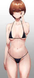 Rule 34 | 1girl, absurdres, arm at side, bikini, black bikini, breasts, brown eyes, brown hair, closed mouth, collarbone, commentary request, copyright request, cowboy shot, dot mouth, eyes visible through hair, gradient background, halterneck, hand up, highres, legs apart, looking at viewer, medium breasts, navel, rororo, short hair, simple background, solo, standing, swimsuit