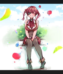 Rule 34 | 1girl, absurdres, arrow (projectile), arrow through heart, bare shoulders, between legs, black footwear, blue sky, blush, brown leotard, brown thighhighs, closed eyes, cloud, cloudy sky, commentary request, covered navel, day, eyepatch, facing viewer, grey shirt, hair ribbon, hand between legs, heart, highres, hololive, houshou marine, houshou marine (1st costume), leotard, leotard under clothes, letterboxed, mito (go!go!king!), outdoors, pleated skirt, red hair, red ribbon, red skirt, ribbon, shirt, shoes, sitting, skirt, sky, sleeveless, sleeveless shirt, smile, solo, thighhighs, twintails, virtual youtuber
