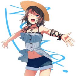 Rule 34 | 10s, 1girl, ;d, anchor necklace, anchor symbol, blue eyes, breasts, denim, denim shorts, grey hair, hat, highres, jewelry, love live!, love live! school idol festival, love live! sunshine!!, medium breasts, midriff, nanotsuki, navel, necklace, one eye closed, open mouth, outstretched arms, short hair, shorts, simple background, smile, solo, watanabe you