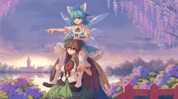 Rule 34 | 2girls, black footwear, black hair, blue bow, blue dress, blue eyes, blue hair, blush, bow, cirno, collared shirt, dated, detached wings, dress, fairy, flower, full body, green bow, green skirt, hair between eyes, hair bow, highres, ice, ice wings, long hair, mechrailgun, multiple girls, open mouth, puffy short sleeves, puffy sleeves, purple flower, red eyes, reiuji utsuho, shirt, shoes, short hair, short sleeves, signature, skirt, smile, thighhighs, third eye, touhou, white shirt, white thighhighs, wings