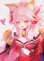 Rule 34 | 1girl, animal ear fluff, animal ears, animal hands, bare shoulders, bell, blush, breasts, cat paws, claws, cleavage, collar, collarbone, detached sleeves, fangs, fate/grand order, fate (series), fox ears, fox girl, fox tail, gloves, hair between eyes, hair ribbon, hands up, heart, highres, japanese clothes, jingle bell, kimono, leaning forward, looking at viewer, maccha (mochancc), medium breasts, neck bell, obi, off shoulder, open mouth, paw gloves, paw pose, pink hair, ponytail, red collar, red kimono, red ribbon, ribbon, sash, sidelocks, simple background, smile, solo, sparkle, star (symbol), strapless, tail, tamamo (fate), tamamo cat (fate), tamamo cat (first ascension) (fate), twitter username, wide sleeves, yellow eyes