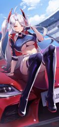 Rule 34 | 1girl, azur lane, black footwear, black gloves, blue sky, boots, breasts, car, clothing cutout, commentary, cropped shirt, earpiece, eyes visible through hair, full body, gloves, half gloves, headgear, high heel boots, high heels, highres, jacket, large breasts, long hair, looking at viewer, microphone, microskirt, midriff, motor vehicle, multicolored clothes, multicolored hair, multicolored jacket, official alternate costume, on vehicle, open clothes, open jacket, outdoors, panties, panty straps, prinz eugen (azur lane), prinz eugen (final lap) (azur lane), purple jacket, red hair, red jacket, red panties, shimotsuki shio, sitting, skirt, sky, solo, sports car, streaked hair, thigh boots, thighhighs, toyota supra, toyota supra mk v, two-tone jacket, underboob, underboob cutout, underwear, very long hair, white hair, white skirt, yellow eyes, zipper