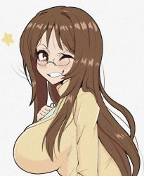 Rule 34 | 1girl, alternate breast size, breasts, brown eyes, brown hair, glasses, grin, k-on!, large breasts, long hair, looking at viewer, one eye closed, parted lips, smile, solo, teeth, upper body, yamanaka sawako, young savage