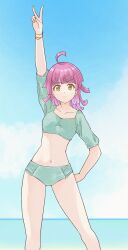 Rule 34 | 1girl, ahoge, arm up, blunt bangs, breasts, closed mouth, collarbone, crop top, green shirt, highres, long sleeves, looking at viewer, love live!, love live! nijigasaki high school idol club, medium hair, midriff, navel, outdoors, photo-referenced, pink hair, sakurabuchi noyu, shirt, small breasts, solo, standing, swimsuit, tennoji rina, v, voice actor connection, yellow eyes
