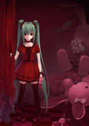 Rule 34 | 1girl, checkered floor, choker, curtain grab, curtains, dress, floor, flower, gothic lolita, green hair, lolita fashion, long hair, looking at viewer, miyase mahiro, original, perspective, pigeon-toed, red eyes, red skirt, red theme, skirt, solo, standing, stuffed animal, stuffed rabbit, stuffed toy, stuffing, thighhighs, twintails, very long hair, zettai ryouiki