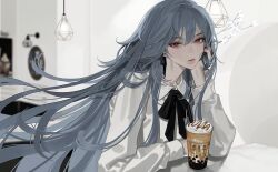 Rule 34 | 1girl, casual, commentary request, eriol s2, fashion, fu hua, fu hua (herrscher of sentience), grey hair, hair between eyes, hand on own cheek, hand on own face, highres, honkai (series), honkai impact 3rd, indoors, lipstick, long hair, long sleeves, looking at viewer, makeup, milk tea, nose, official alternate costume, official art, red eyes, red hair, solo, table, upper body